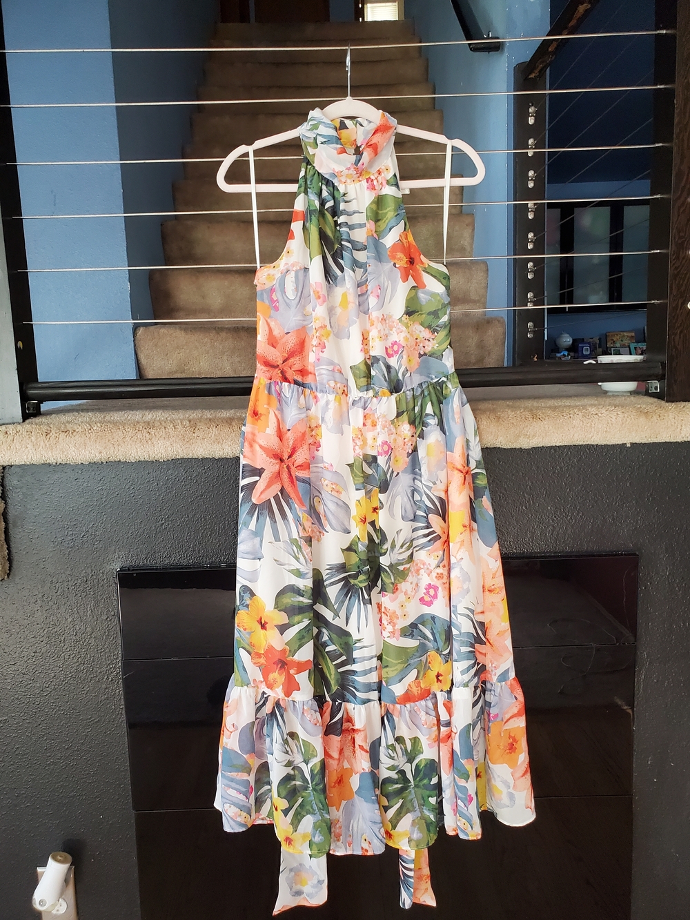 Eliza J Floral Halter Tiered Maxi Dress in White, Orange & Green